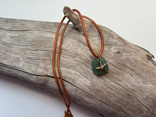 Genuine Lake Superior Sea Glass Genuine Leather Charm Zen Boho Adjustable Necklace