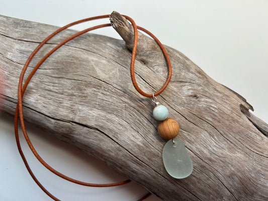 Genuine Sea Glass Lake Superior 24” Amazonite Pendant Genuine Leather Boho Zen Necklace