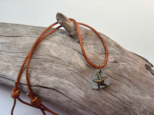 Genuine Lake Superior Sea Glass Genuine Leather Charm Zen Boho Adjustable Necklace