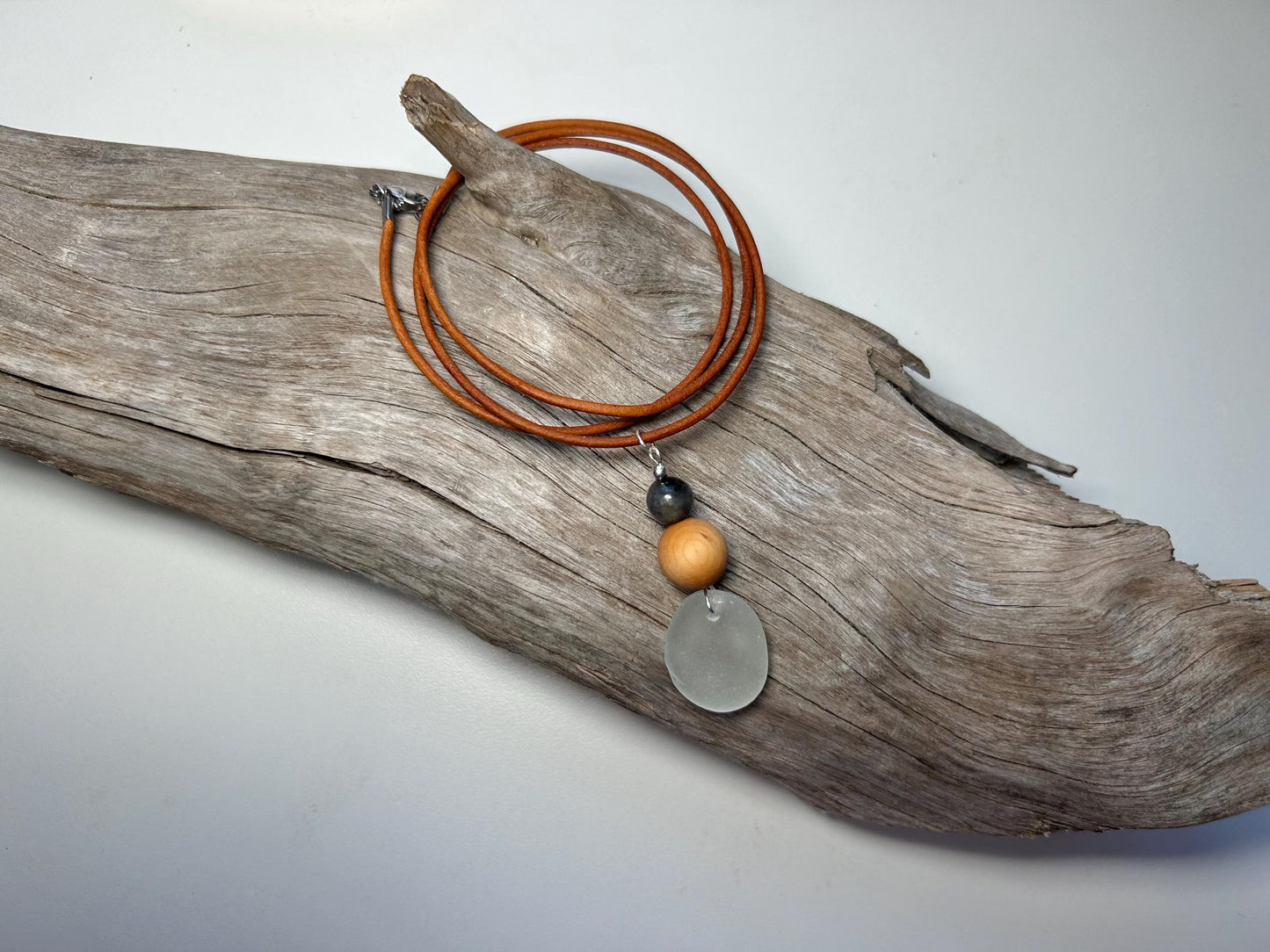 Genuine Sea Glass Lake Superior 24” Yooperlite UV Pendant Genuine Leather Boho Zen Necklace