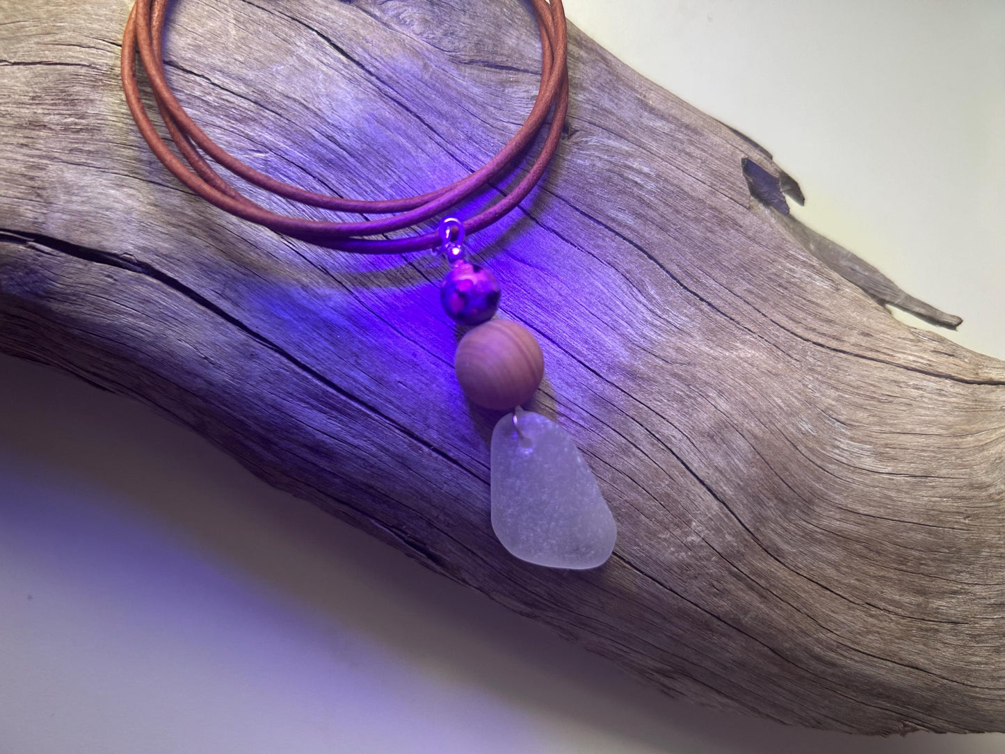 Genuine Sea Glass Lake Superior 24” Yooperlite UV Pendant Genuine Leather Boho Zen Necklace