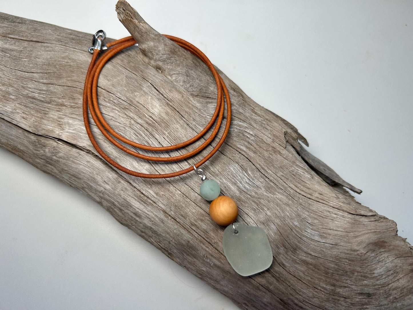 Genuine Sea Glass Lake Superior 24” Amazonite Pendant Genuine Leather Boho Zen Necklace