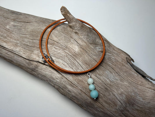 Amazonite Pendant Genuine Leather Stainless Steel Aqua Ombre Boho Zen Necklace