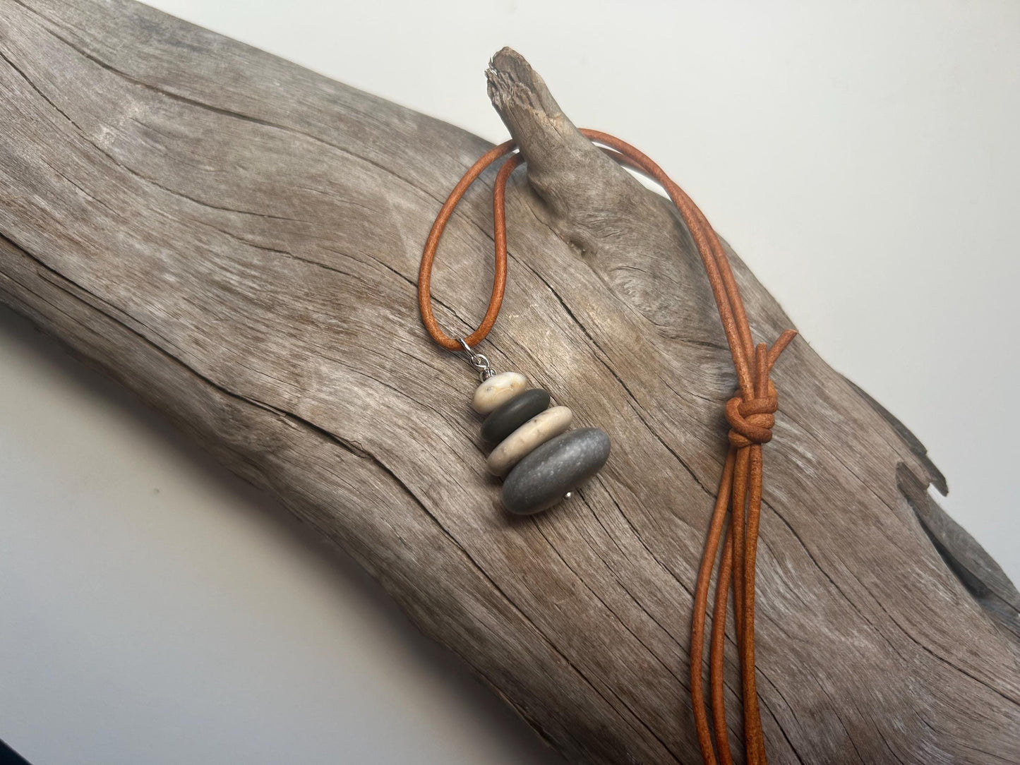 Lake Superior Genuine Leather Flat Cairn Stone Pebble Zen Boho Adjustable Necklace