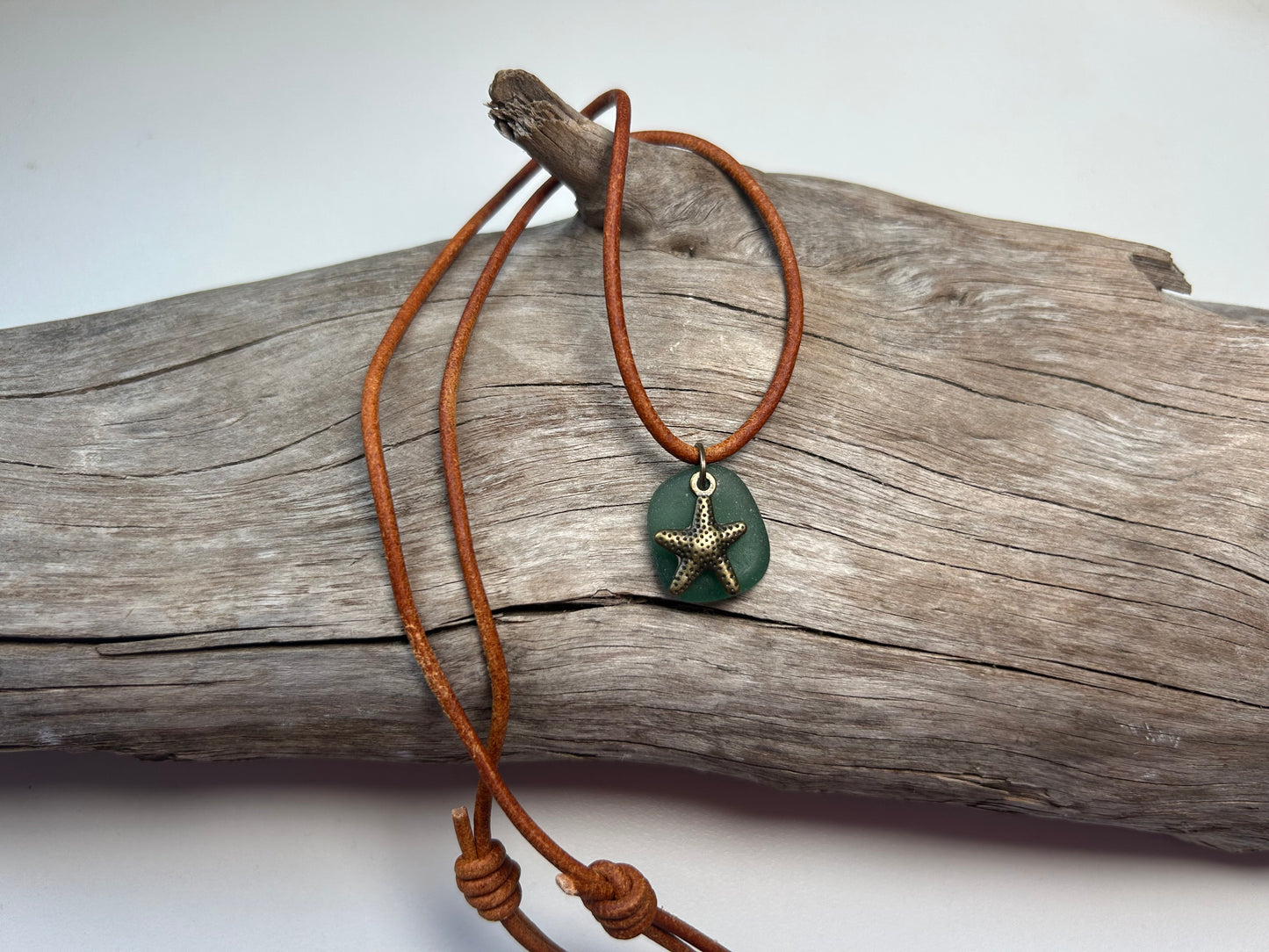 Genuine Lake Superior Sea Glass Genuine Leather Charm Zen Boho Adjustable Necklace
