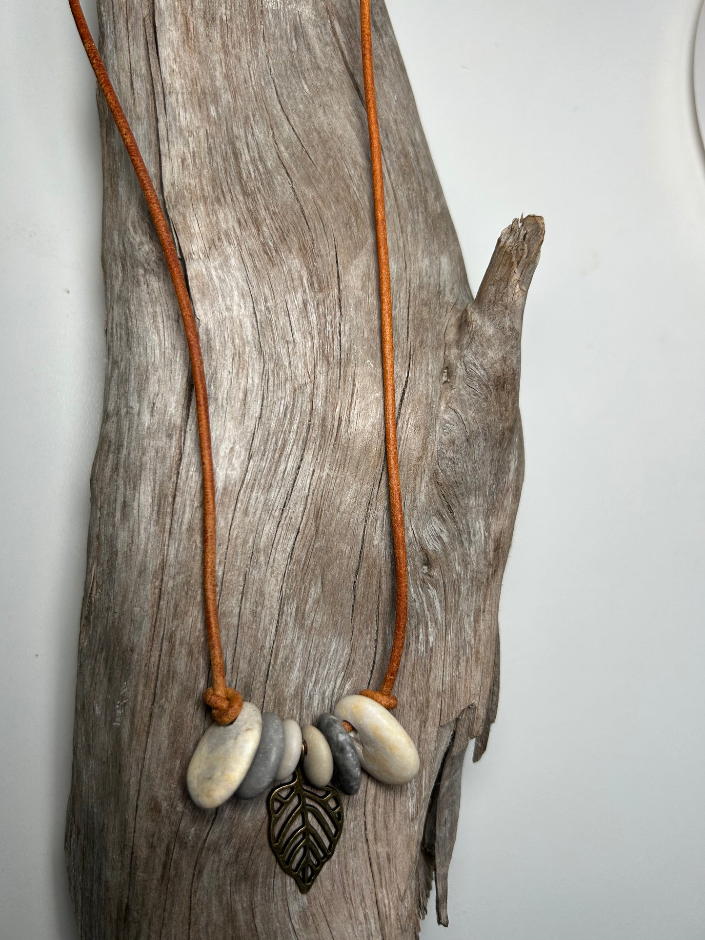 Lake Superior Genuine Leather Flat Cairn Stone Pebble Charm Zen Boho Adjustable Necklace