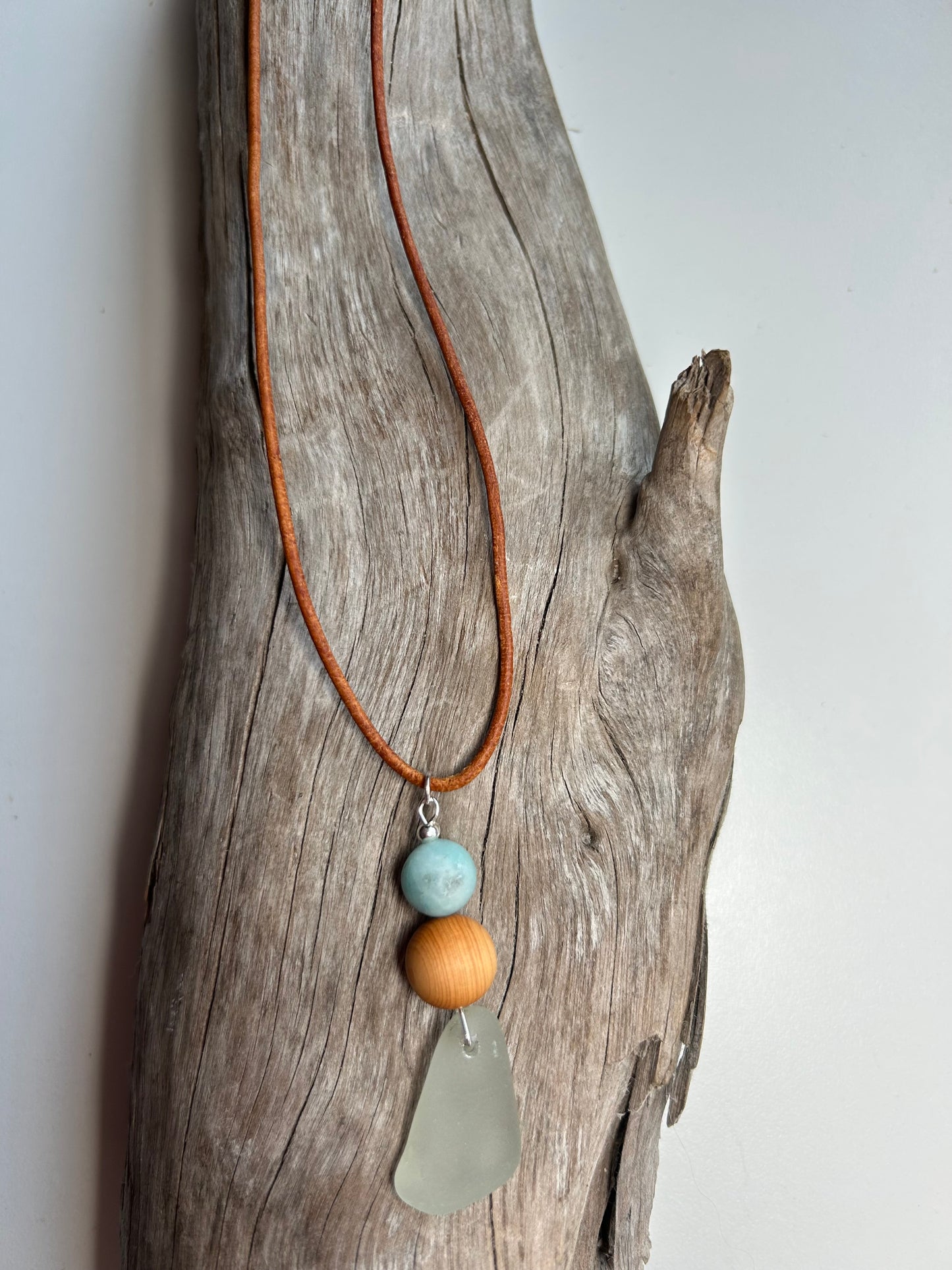 Genuine Sea Glass Lake Superior 24” Amazonite Pendant Genuine Leather Boho Zen Necklace