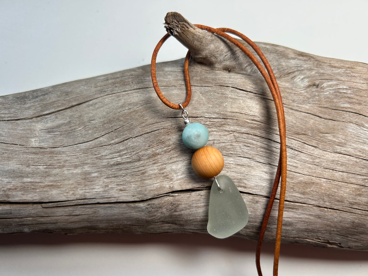 Genuine Sea Glass Lake Superior 24” Amazonite Pendant Genuine Leather Boho Zen Necklace