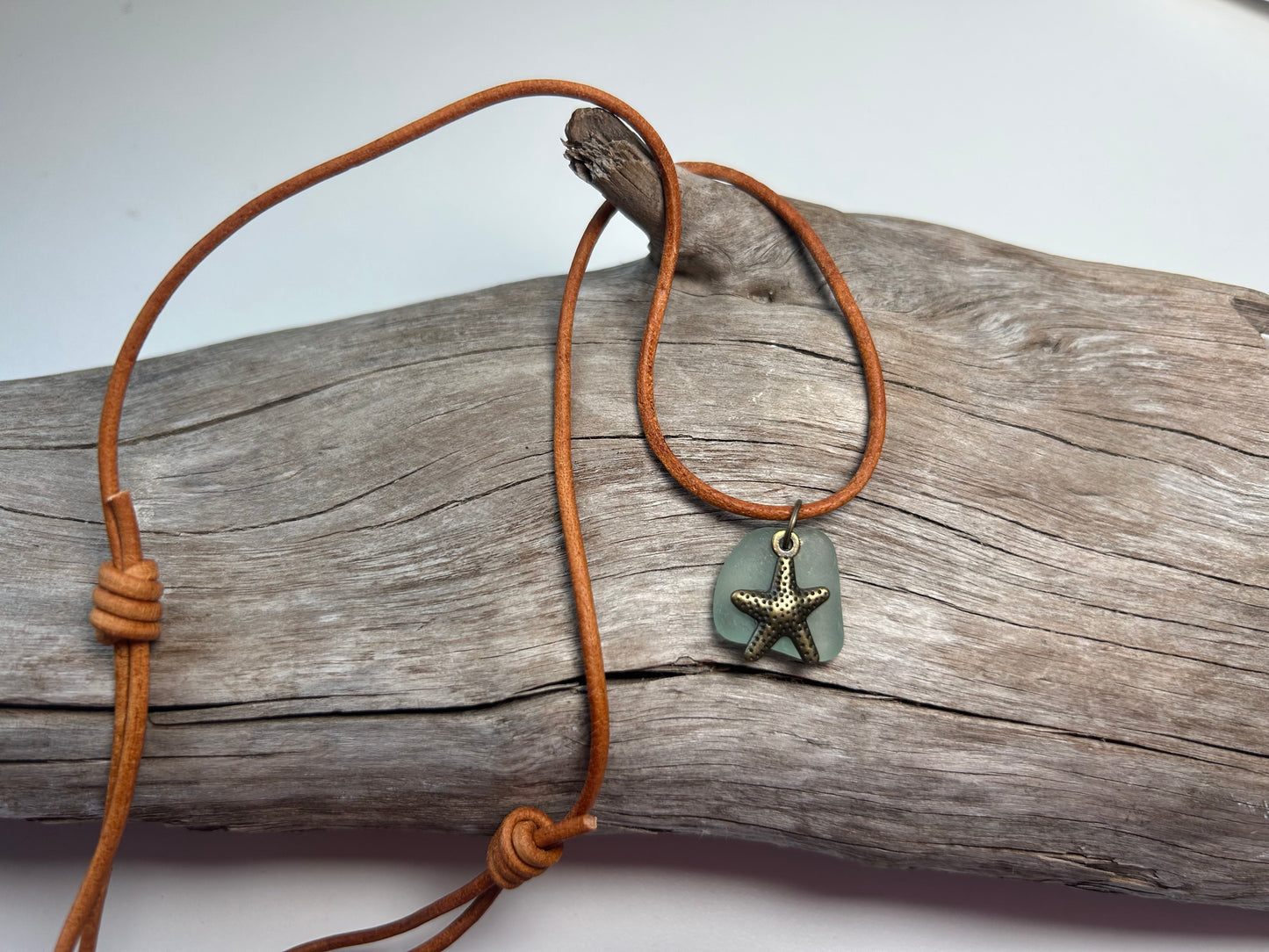 Genuine Lake Superior Sea Glass Genuine Leather Charm Zen Boho Adjustable Necklace