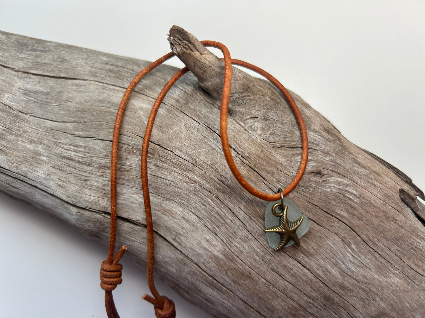 Genuine Lake Superior Sea Glass Genuine Leather Charm Zen Boho Adjustable Necklace