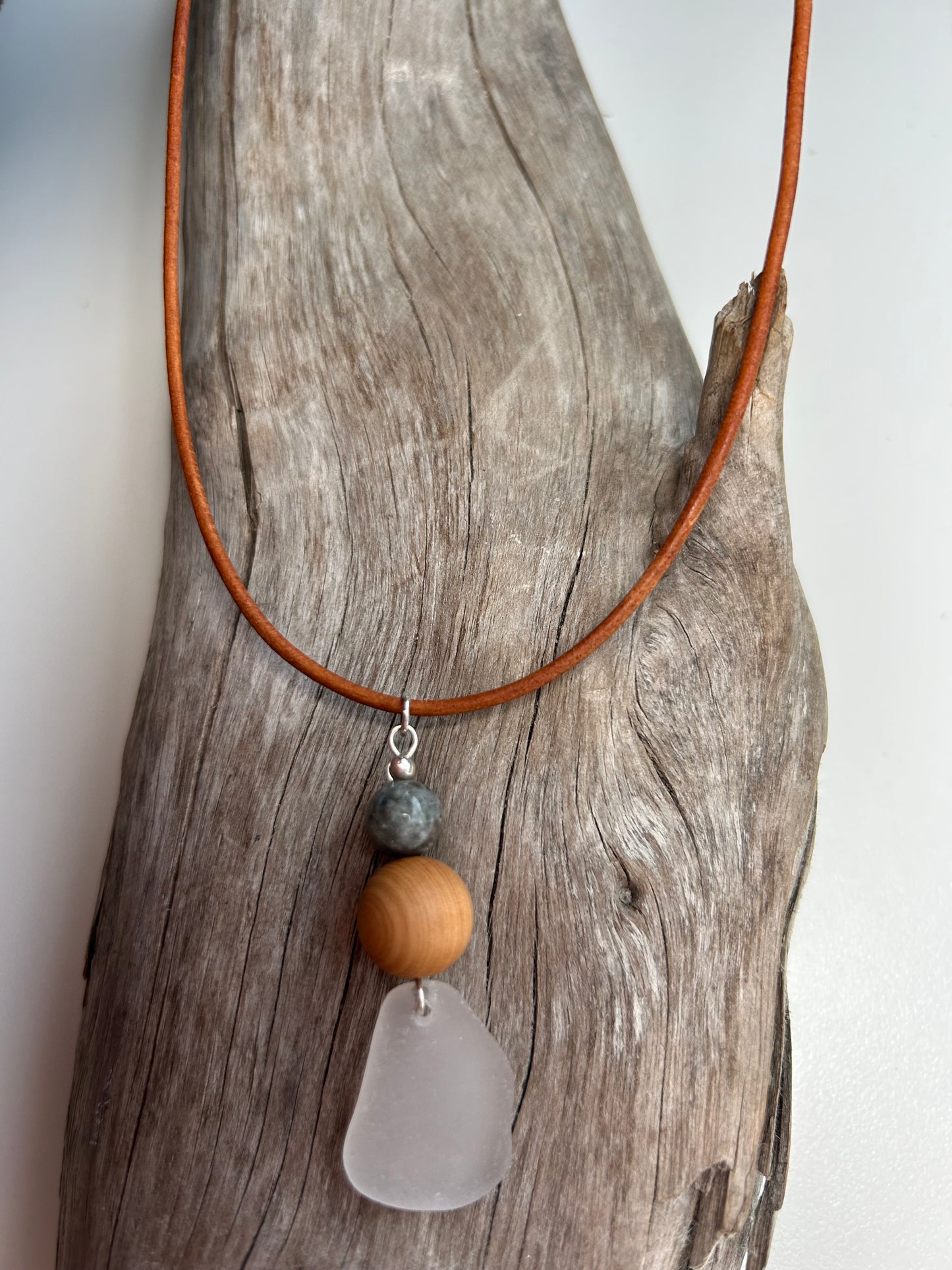 Genuine Sea Glass Lake Superior 24” Yooperlite UV Pendant Genuine Leather Boho Zen Necklace
