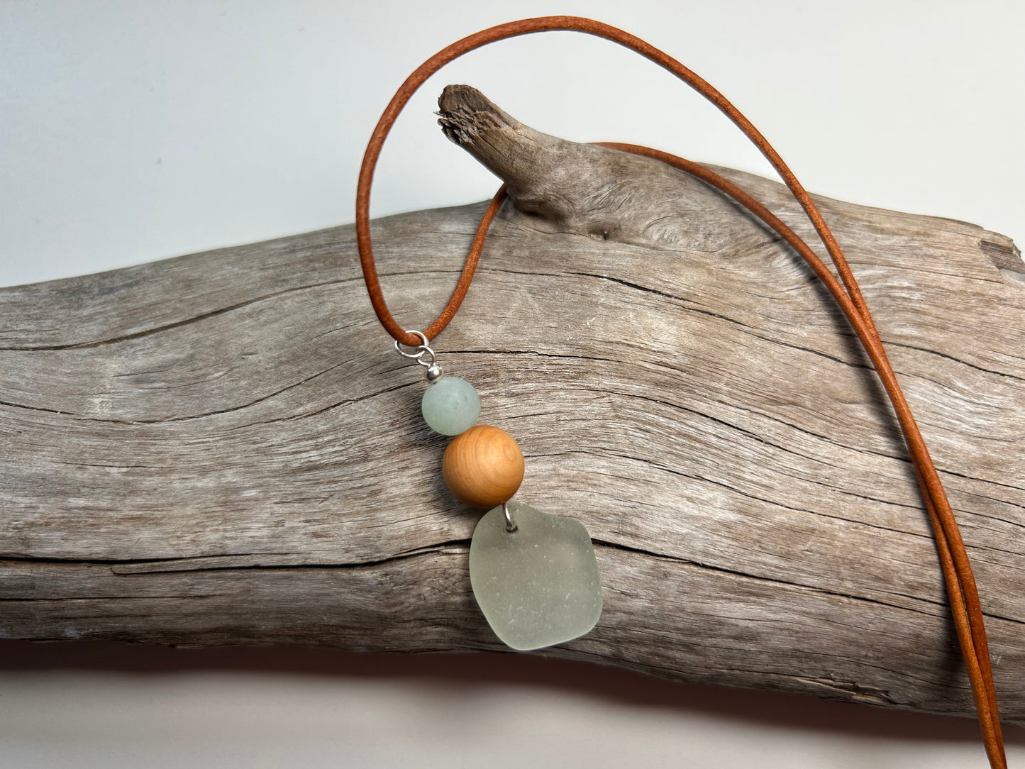 Genuine Sea Glass Lake Superior 24” Amazonite Pendant Genuine Leather Boho Zen Necklace
