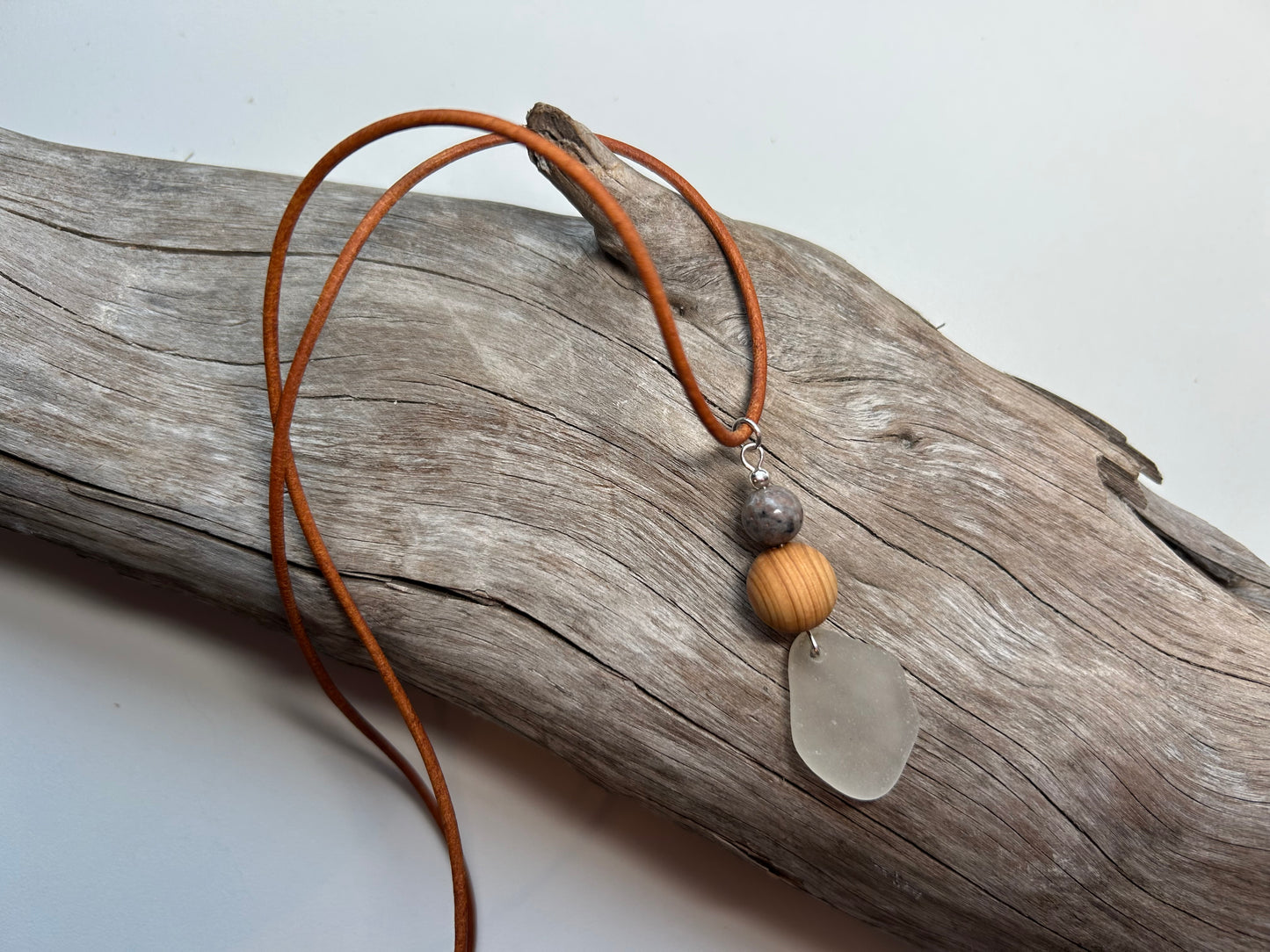 Genuine Sea Glass Lake Superior 24” Yooperlite UV Pendant Genuine Leather Boho Zen Necklace