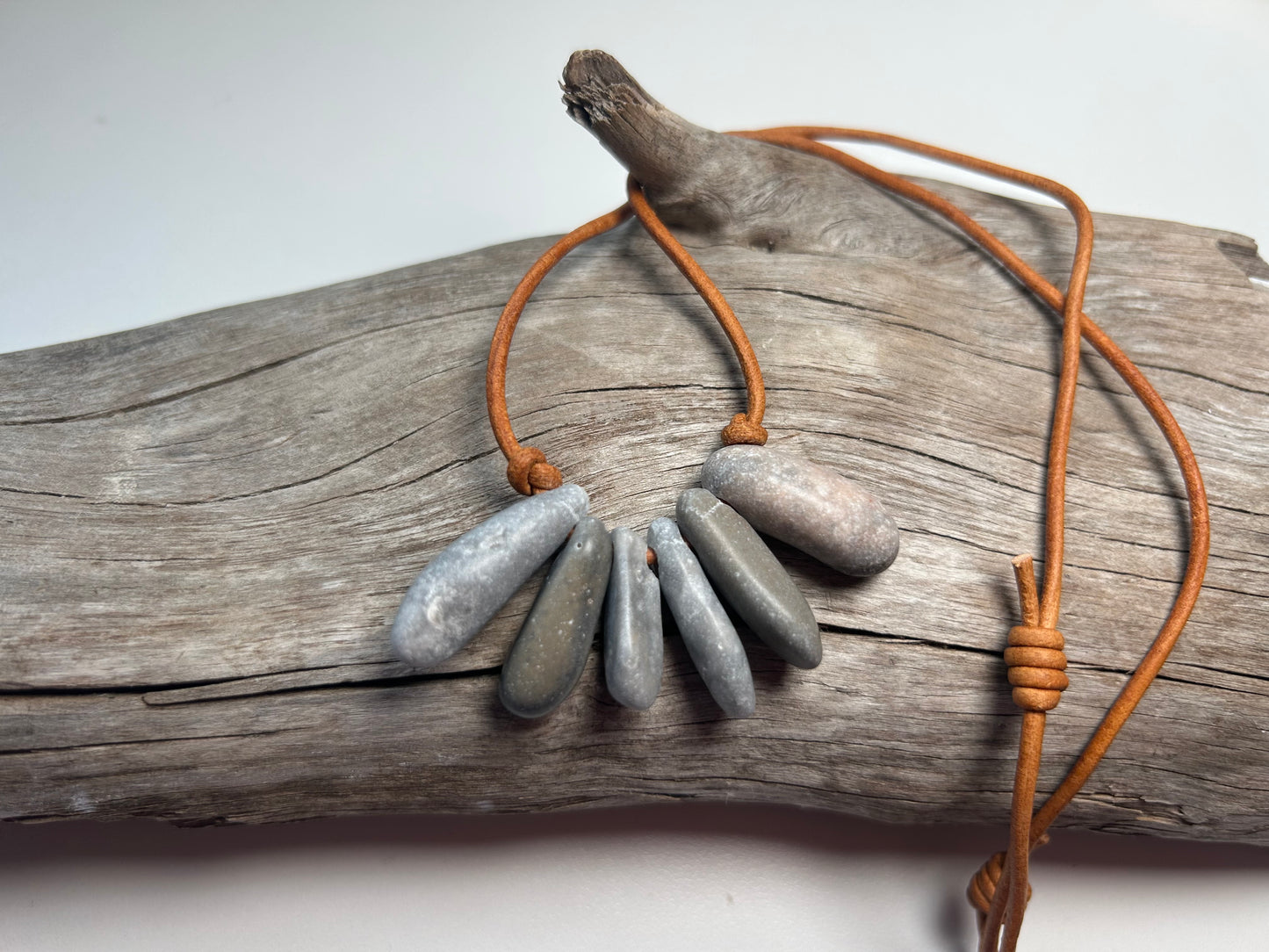 Lake Superior Genuine Leather Flat Cairn Stone Pebble Zen Boho Adjustable Necklace