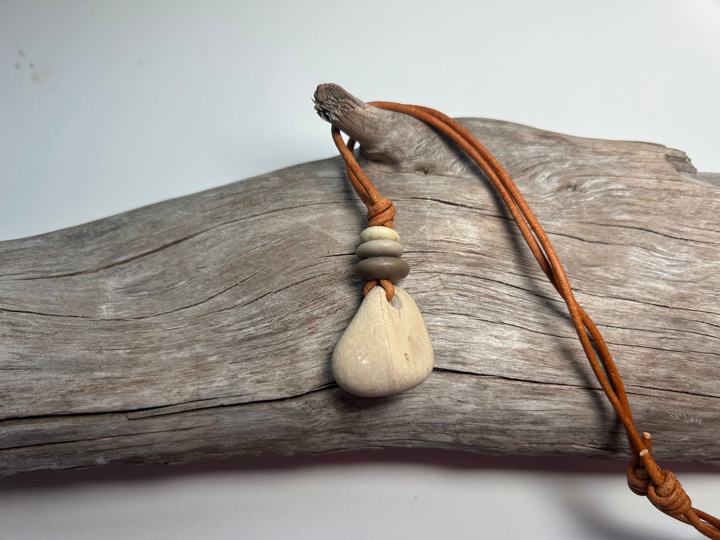 Lake Superior Genuine Leather Flat Cairn Stone Pebble Zen Boho Adjustable Necklace