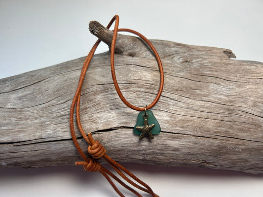 Genuine Lake Superior Sea Glass Genuine Leather Charm Zen Boho Adjustable Necklace