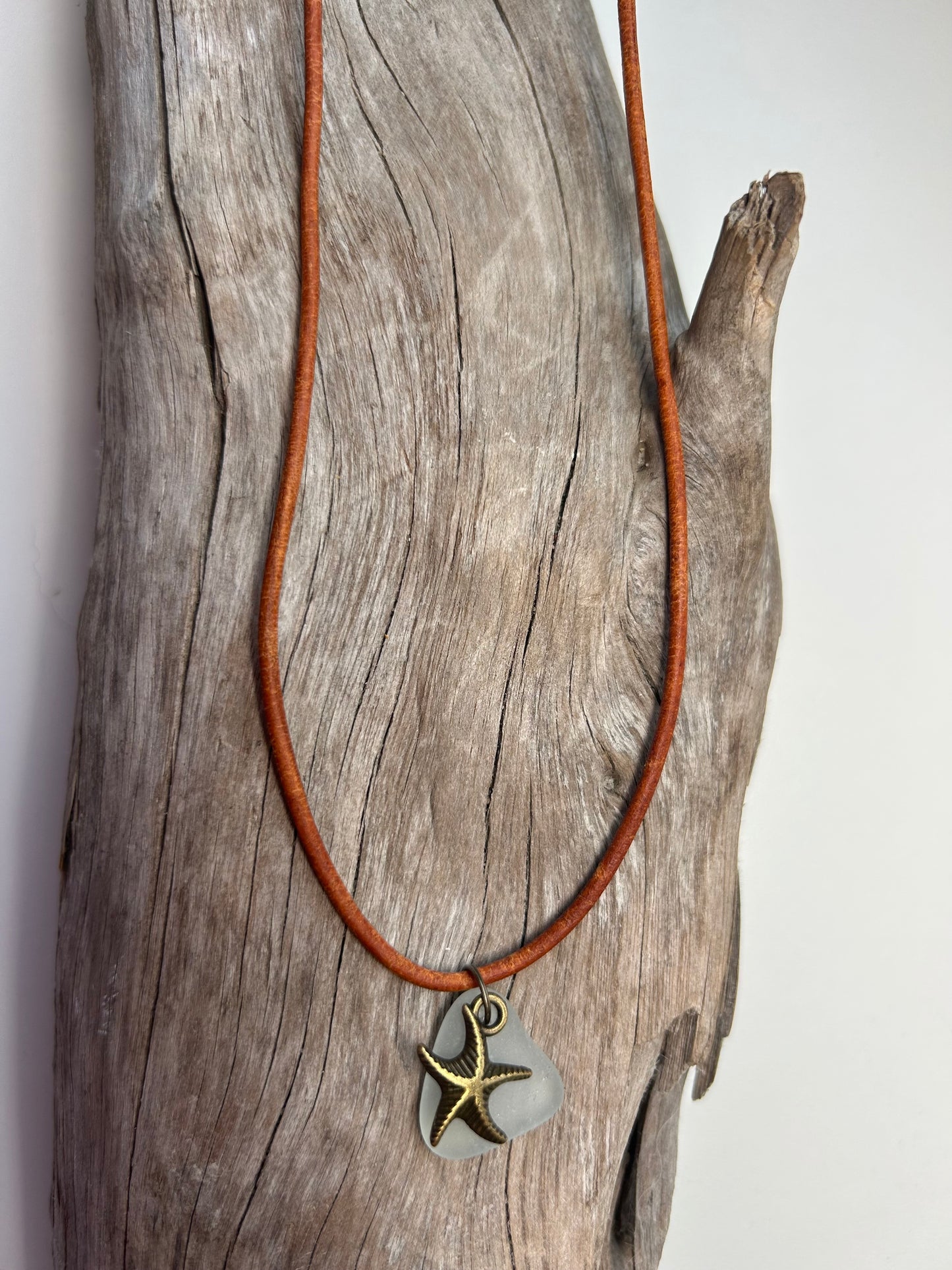 Genuine Lake Superior Sea Glass Genuine Leather Charm Zen Boho Adjustable Necklace