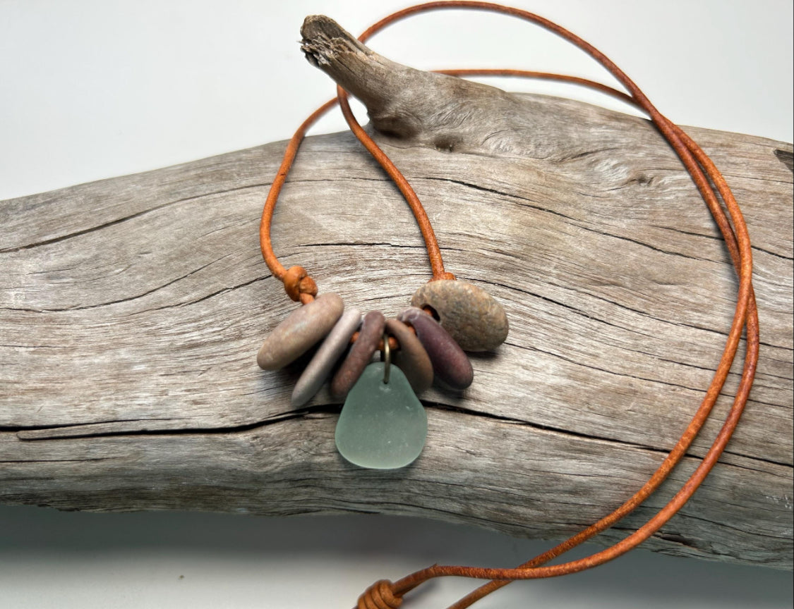 Lake Superior Genuine Leather Flat Cairn Stone Pebble Charm Zen Boho Adjustable Necklace