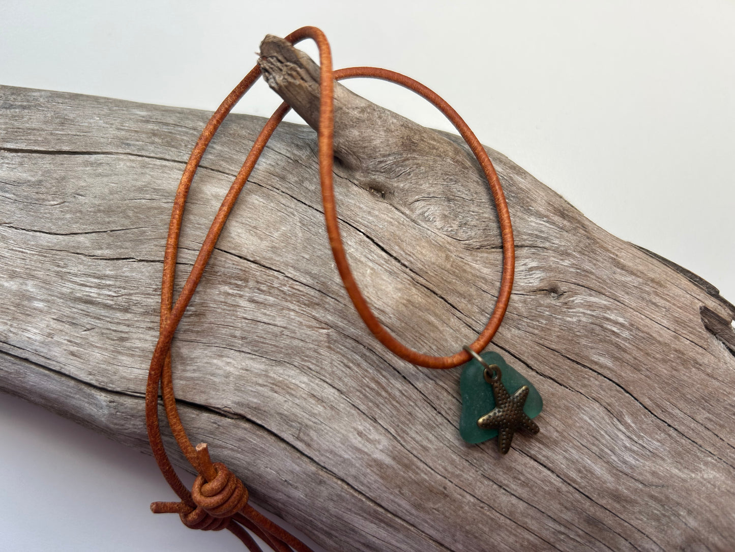 Genuine Lake Superior Sea Glass Genuine Leather Charm Zen Boho Adjustable Necklace