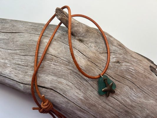 Genuine Lake Superior Sea Glass Genuine Leather Charm Zen Boho Adjustable Necklace