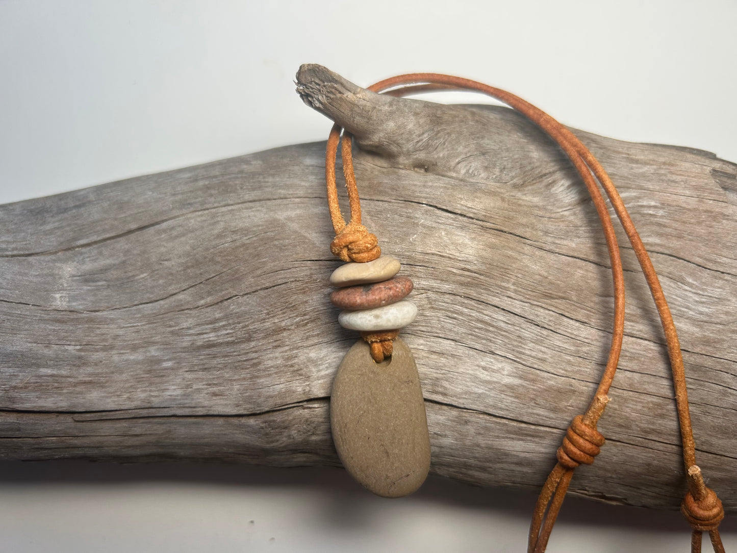 Lake Superior Genuine Leather Flat Cairn Stone Pebble Zen Boho Adjustable Necklace