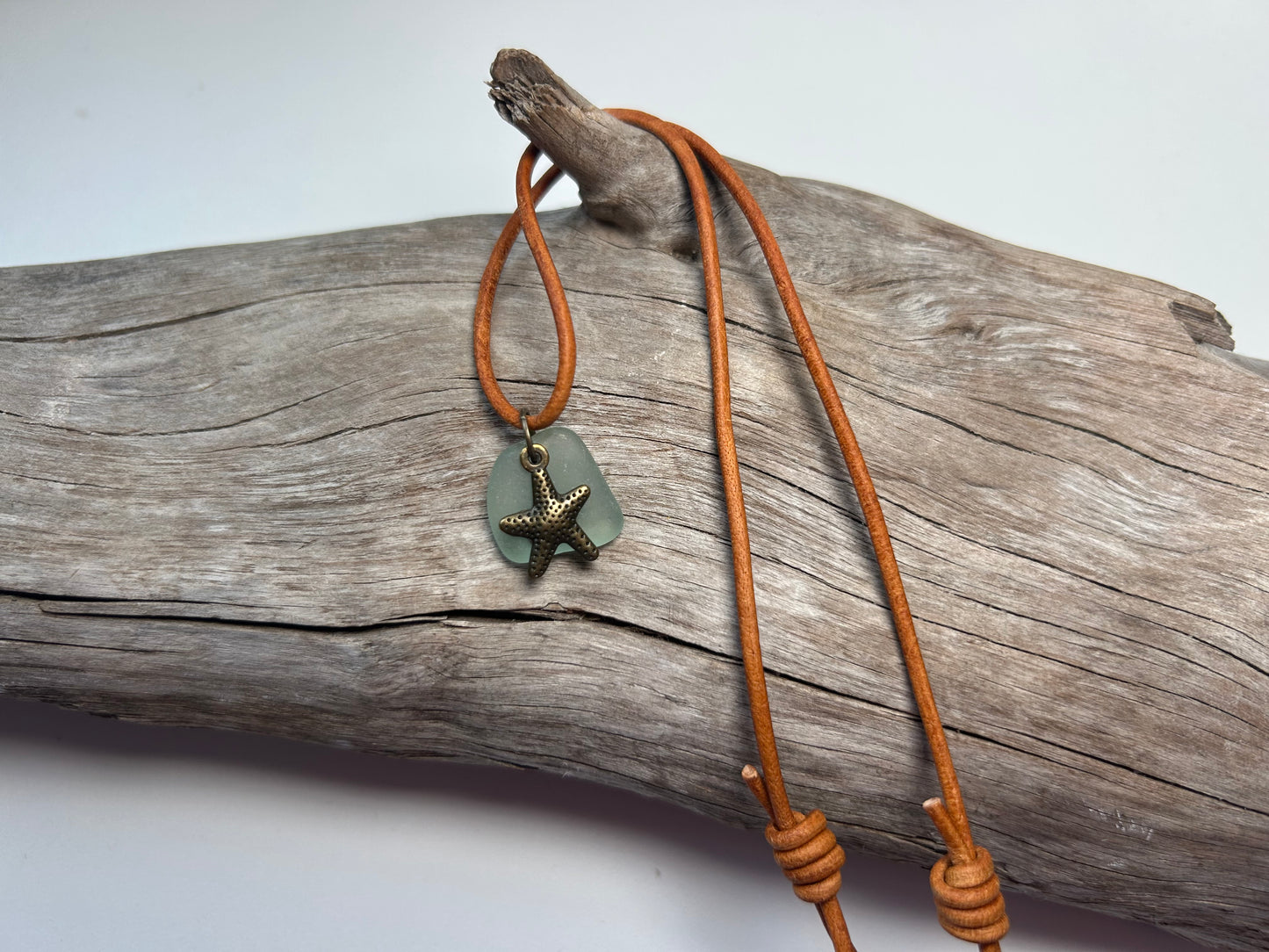 Genuine Lake Superior Sea Glass Genuine Leather Charm Zen Boho Adjustable Necklace