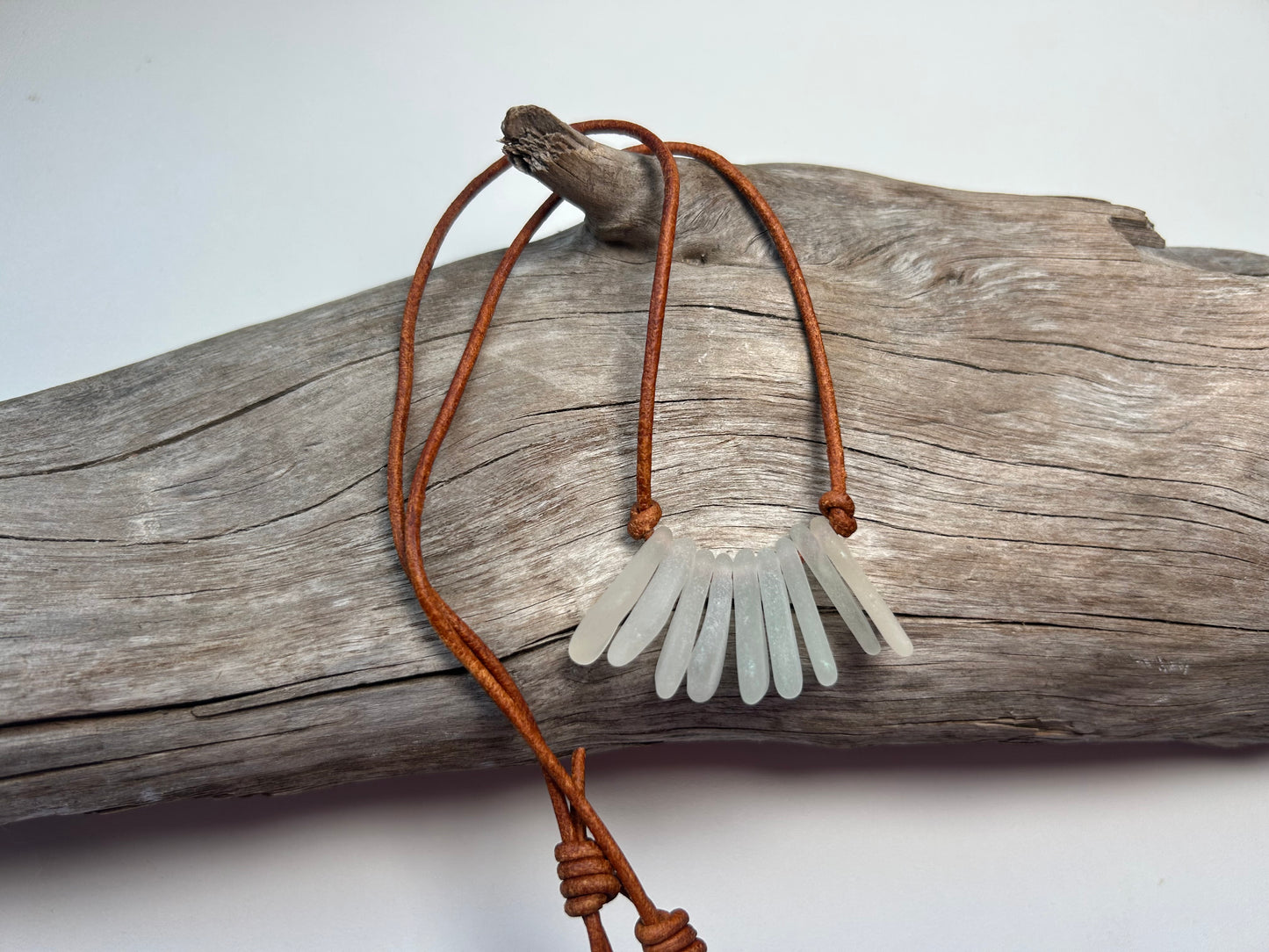 Genuine Lake Superior Sea Glass Genuine Leather Zen Boho Adjustable Necklace