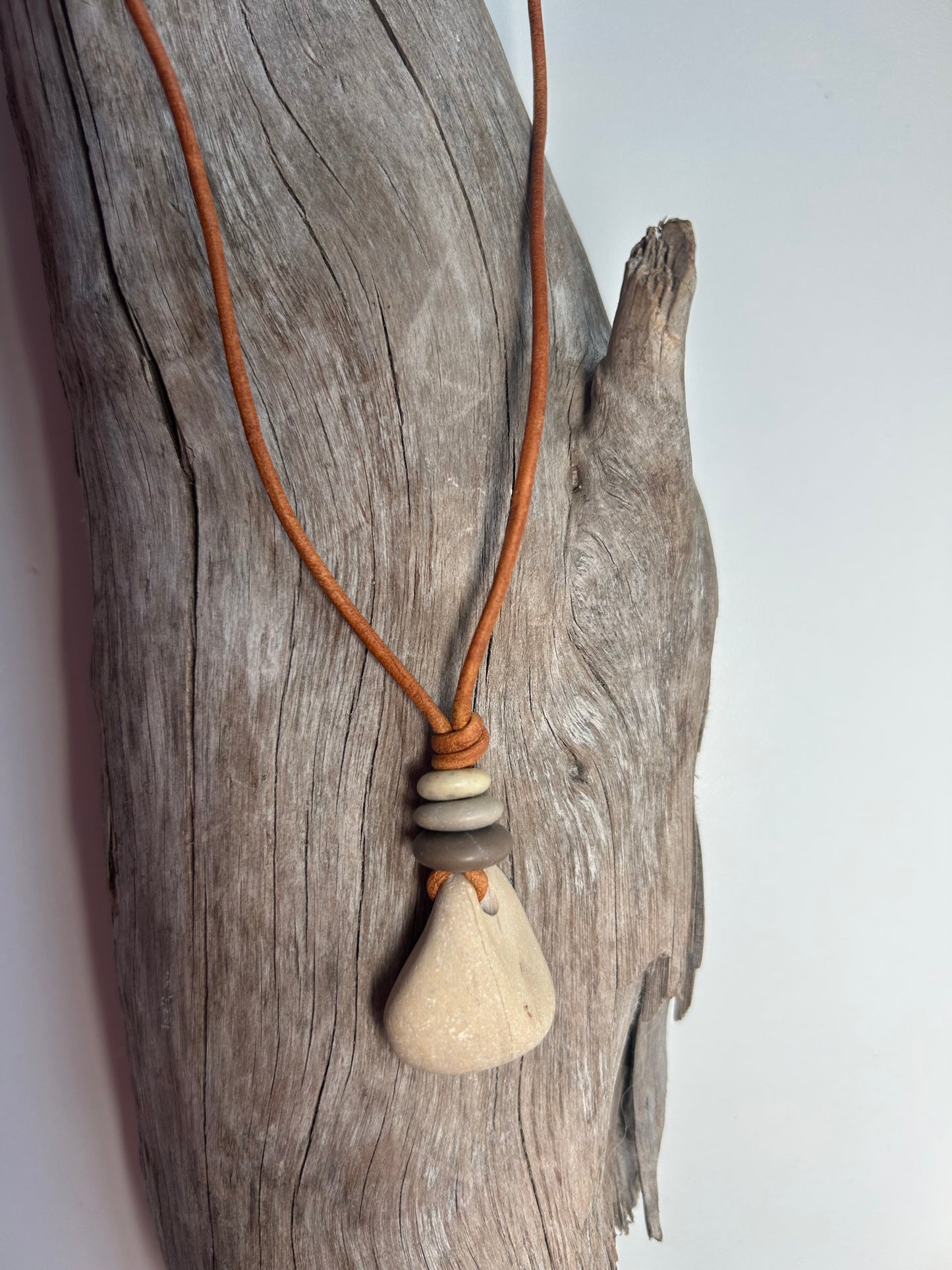 Lake Superior Genuine Leather Flat Cairn Stone Pebble Zen Boho Adjustable Necklace
