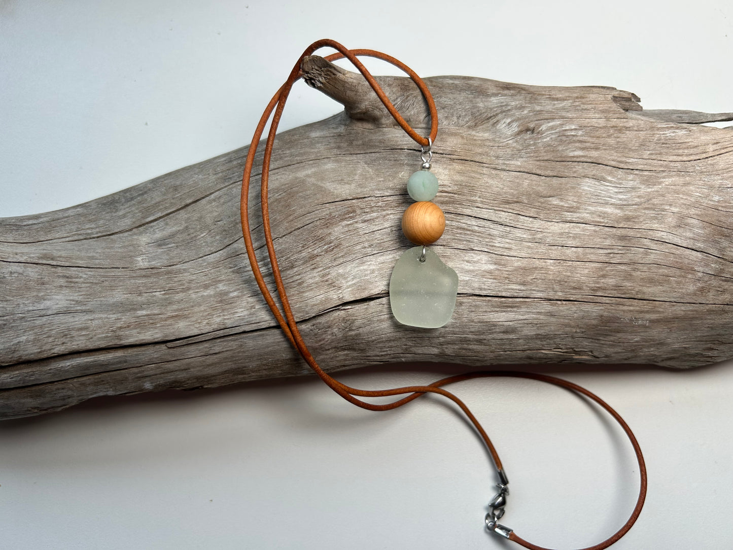 Genuine Sea Glass Lake Superior 24” Amazonite Pendant Genuine Leather Boho Zen Necklace