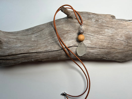 Genuine Sea Glass Lake Superior 24” Yooperlite UV Pendant Genuine Leather Boho Zen Necklace