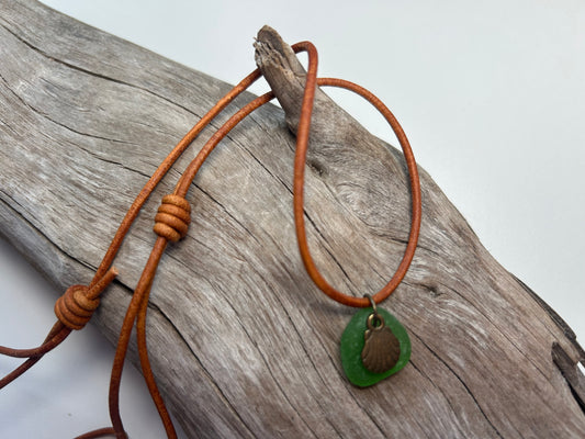Genuine Lake Superior Sea Glass Genuine Leather Charm Zen Boho Adjustable Necklace