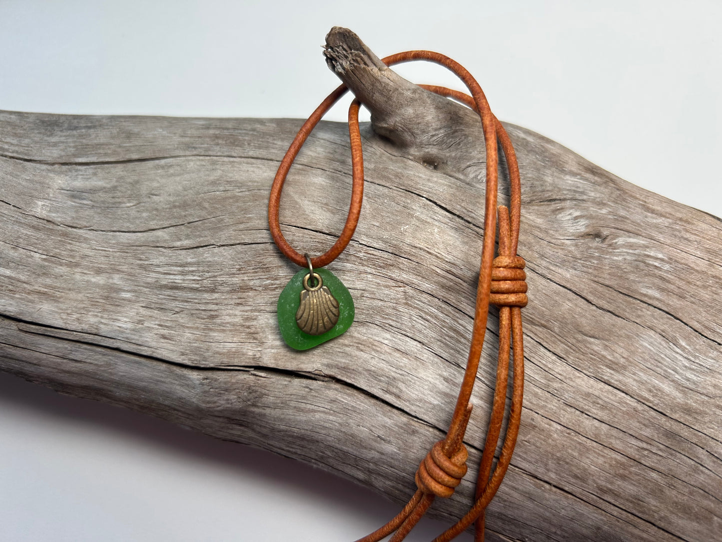 Genuine Lake Superior Sea Glass Genuine Leather Charm Zen Boho Adjustable Necklace