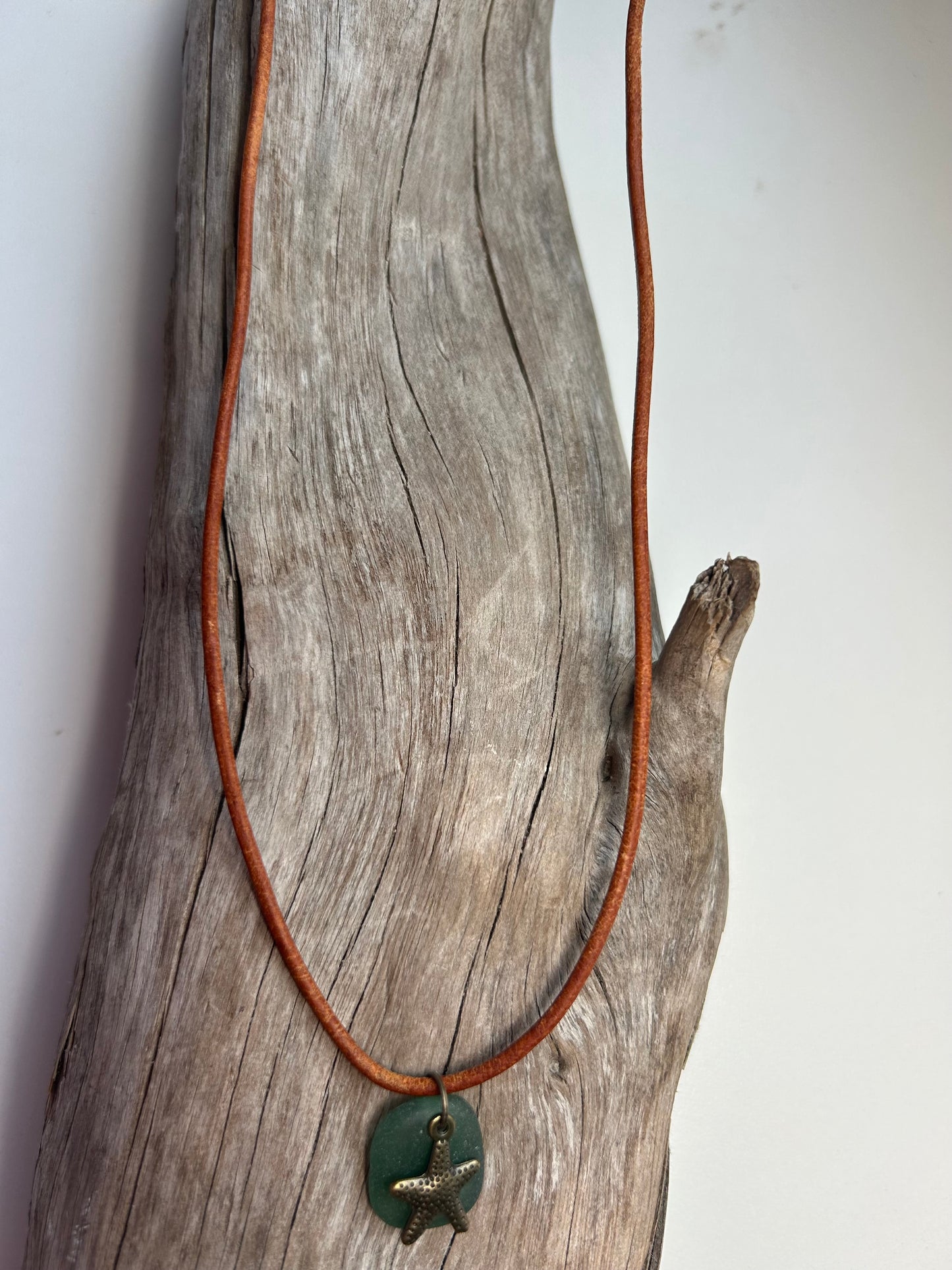 Genuine Lake Superior Sea Glass Genuine Leather Charm Zen Boho Adjustable Necklace