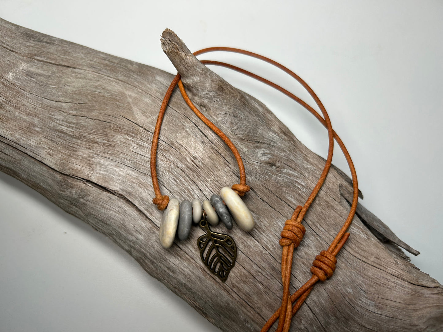 Lake Superior Genuine Leather Flat Cairn Stone Pebble Charm Zen Boho Adjustable Necklace