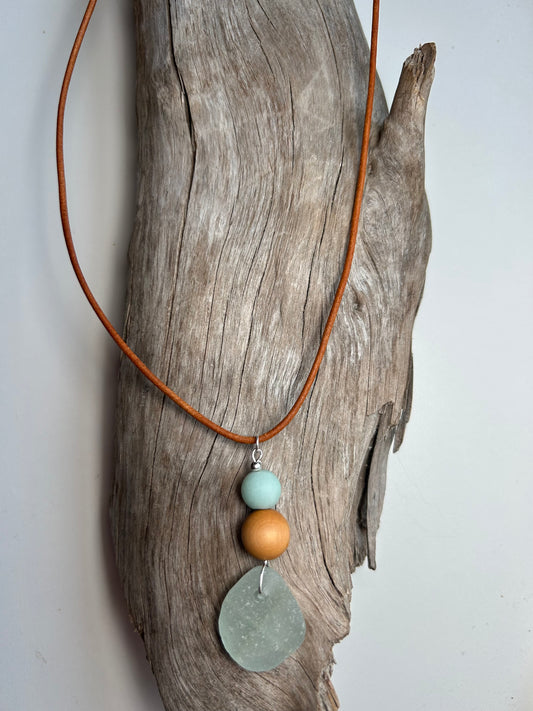 Genuine Sea Glass Lake Superior 24” Amazonite Pendant Genuine Leather Boho Zen Necklace