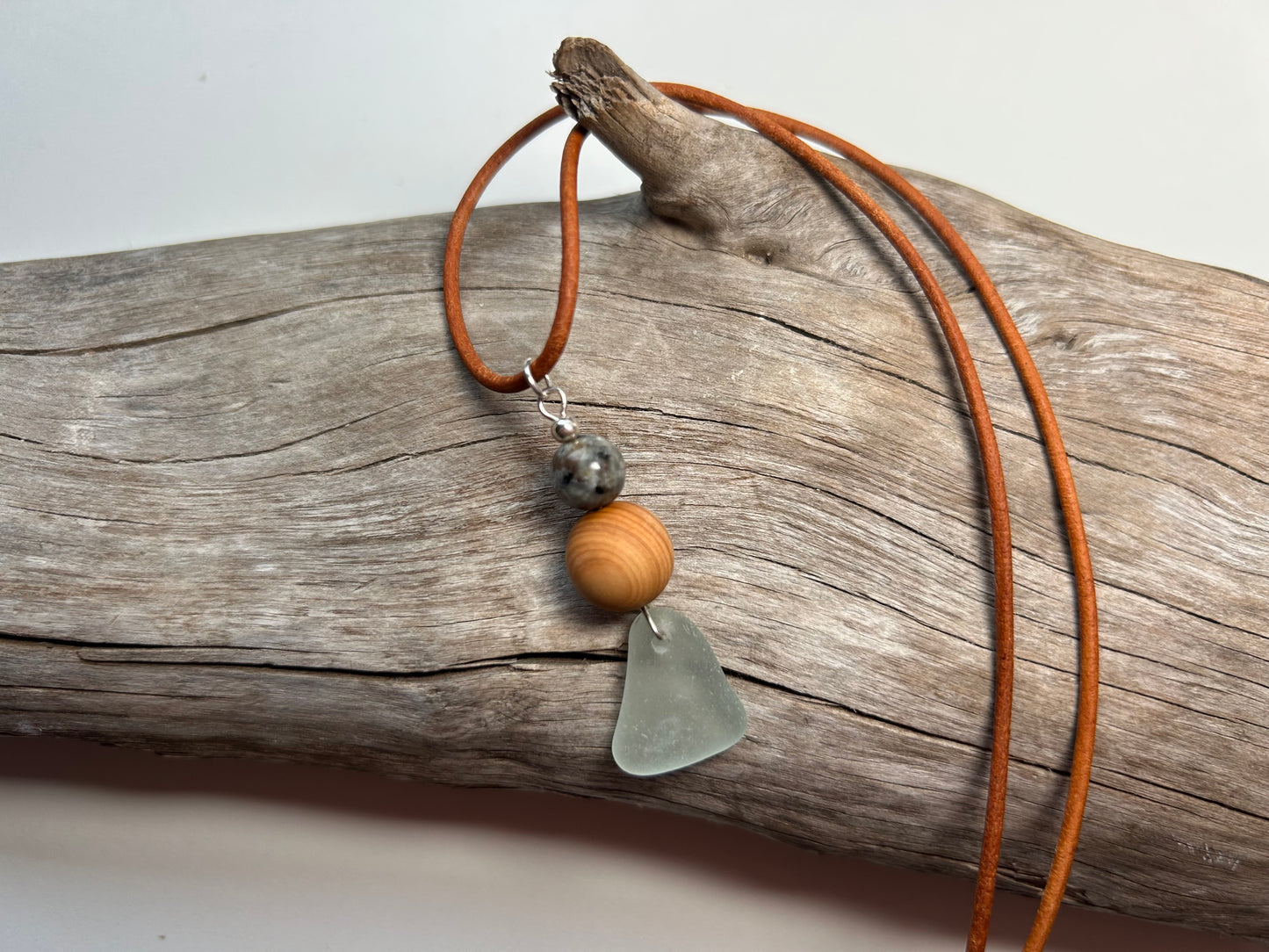 Genuine Sea Glass Lake Superior 24” Yooperlite UV Pendant Genuine Leather Boho Zen Necklace
