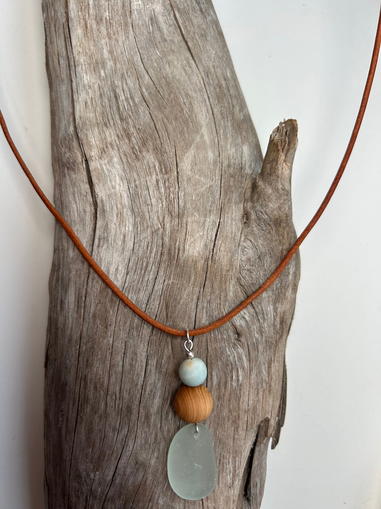 Genuine Sea Glass Lake Superior 24” Amazonite Pendant Genuine Leather Boho Zen Necklace
