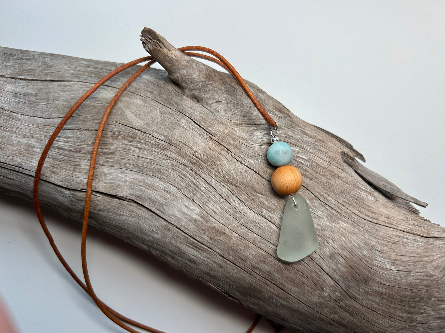 Genuine Sea Glass Lake Superior 24” Amazonite Pendant Genuine Leather Boho Zen Necklace