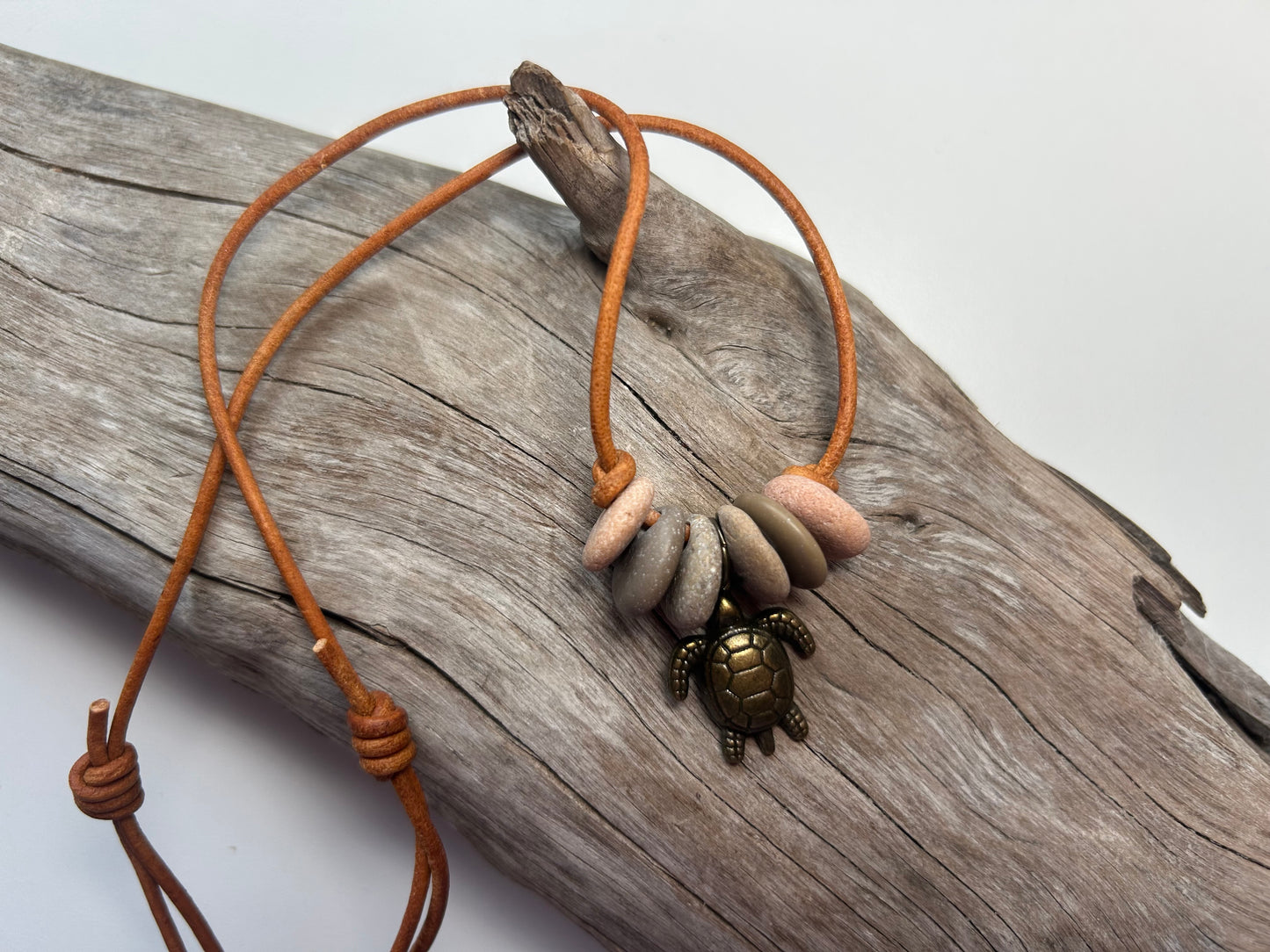 Lake Superior Genuine Leather Flat Cairn Stone Pebble Charm Zen Boho Adjustable Necklace