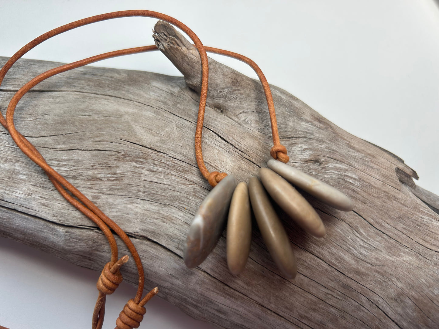 Lake Superior Genuine Leather Flat Cairn Stone Pebble Zen Boho Adjustable Necklace