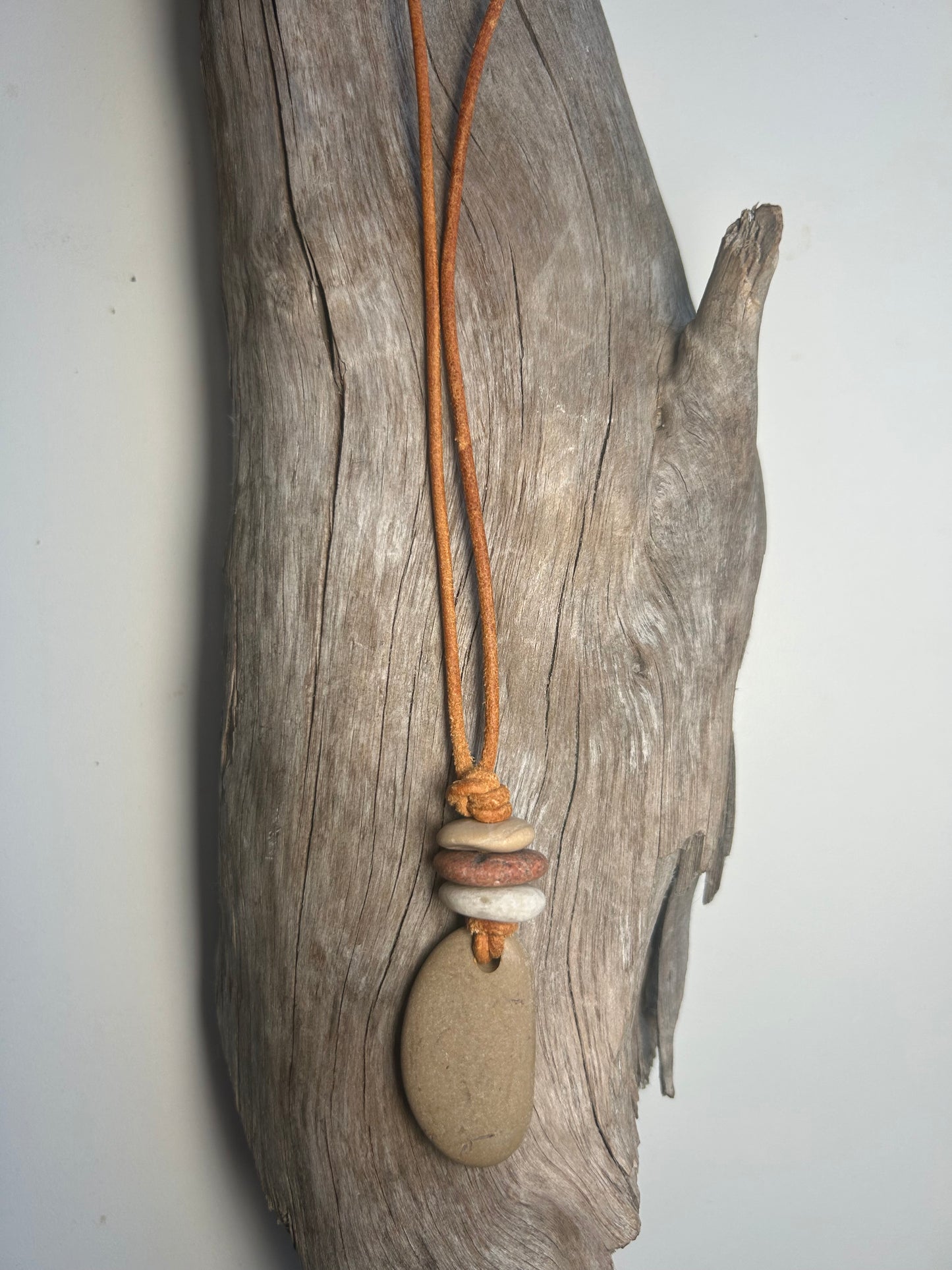 Lake Superior Genuine Leather Flat Cairn Stone Pebble Zen Boho Adjustable Necklace