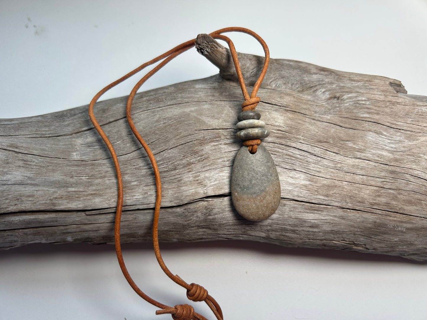 Lake Superior Genuine Leather Flat Cairn Stone Pebble Zen Boho Adjustable Necklace