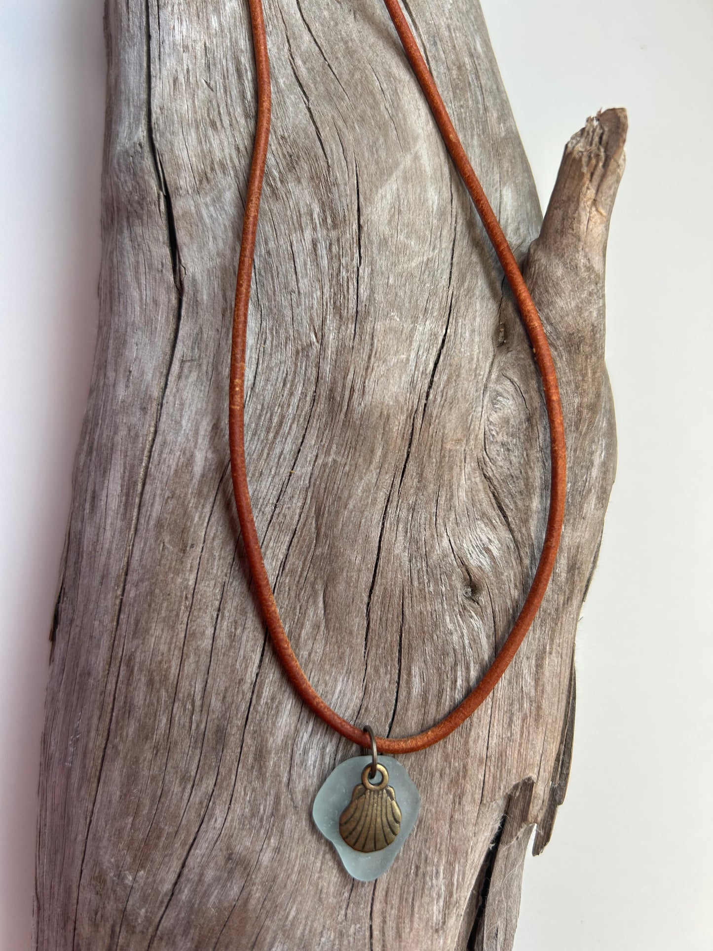 Genuine Lake Superior Sea Glass Genuine Leather Charm Zen Boho Adjustable Necklace