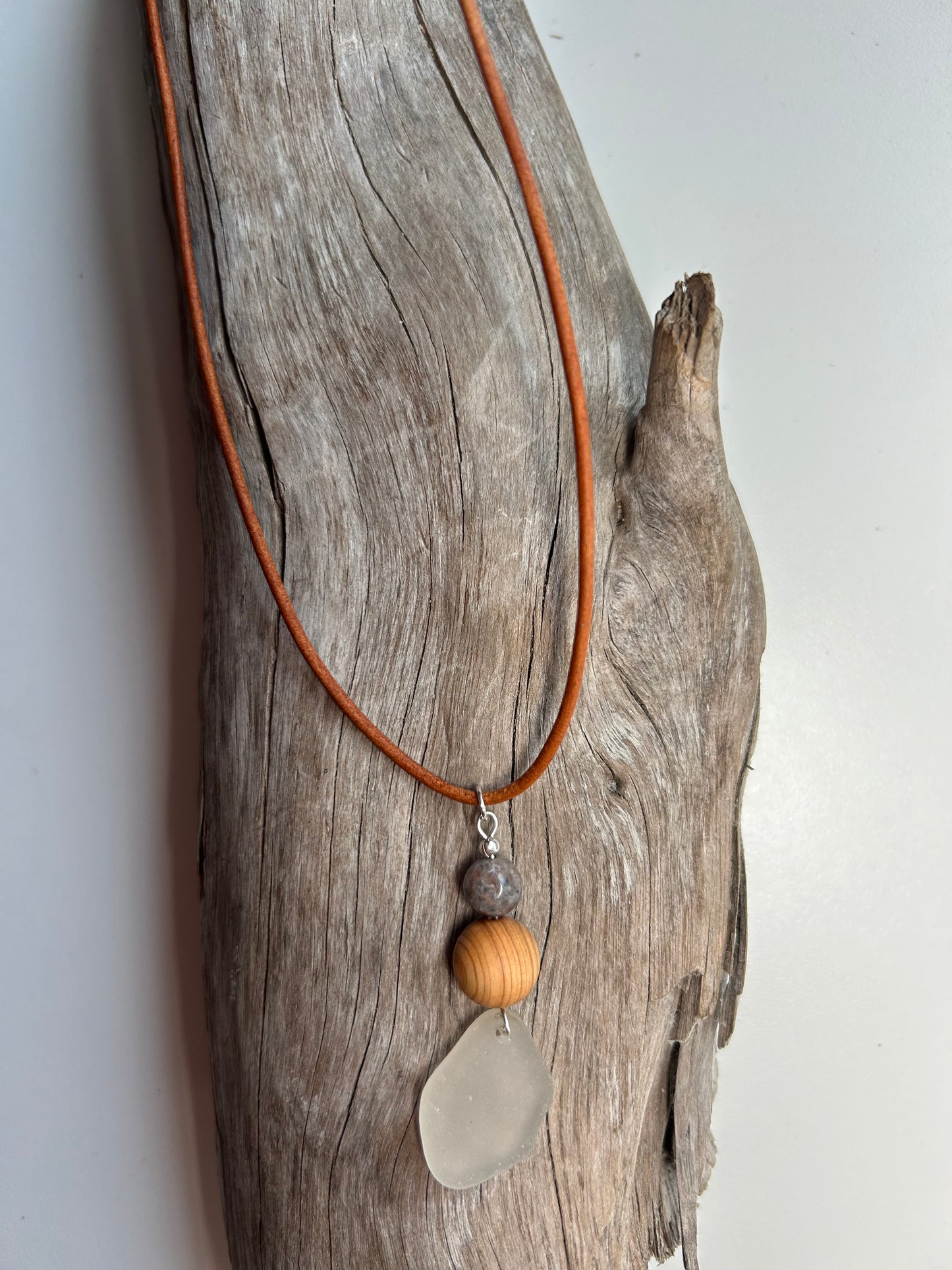 Genuine Sea Glass Lake Superior 24” Yooperlite UV Pendant Genuine Leather Boho Zen Necklace