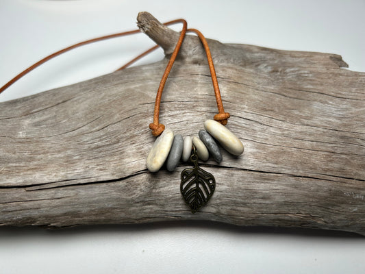 Lake Superior Genuine Leather Flat Cairn Stone Pebble Charm Zen Boho Adjustable Necklace