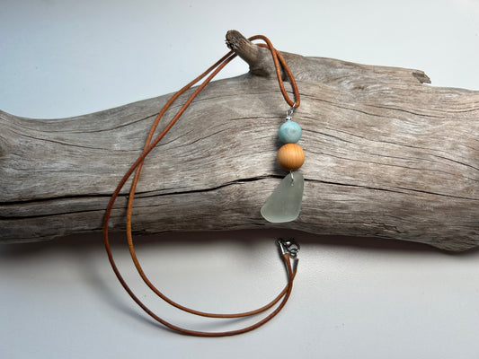 Genuine Sea Glass Lake Superior 24” Amazonite Pendant Genuine Leather Boho Zen Necklace