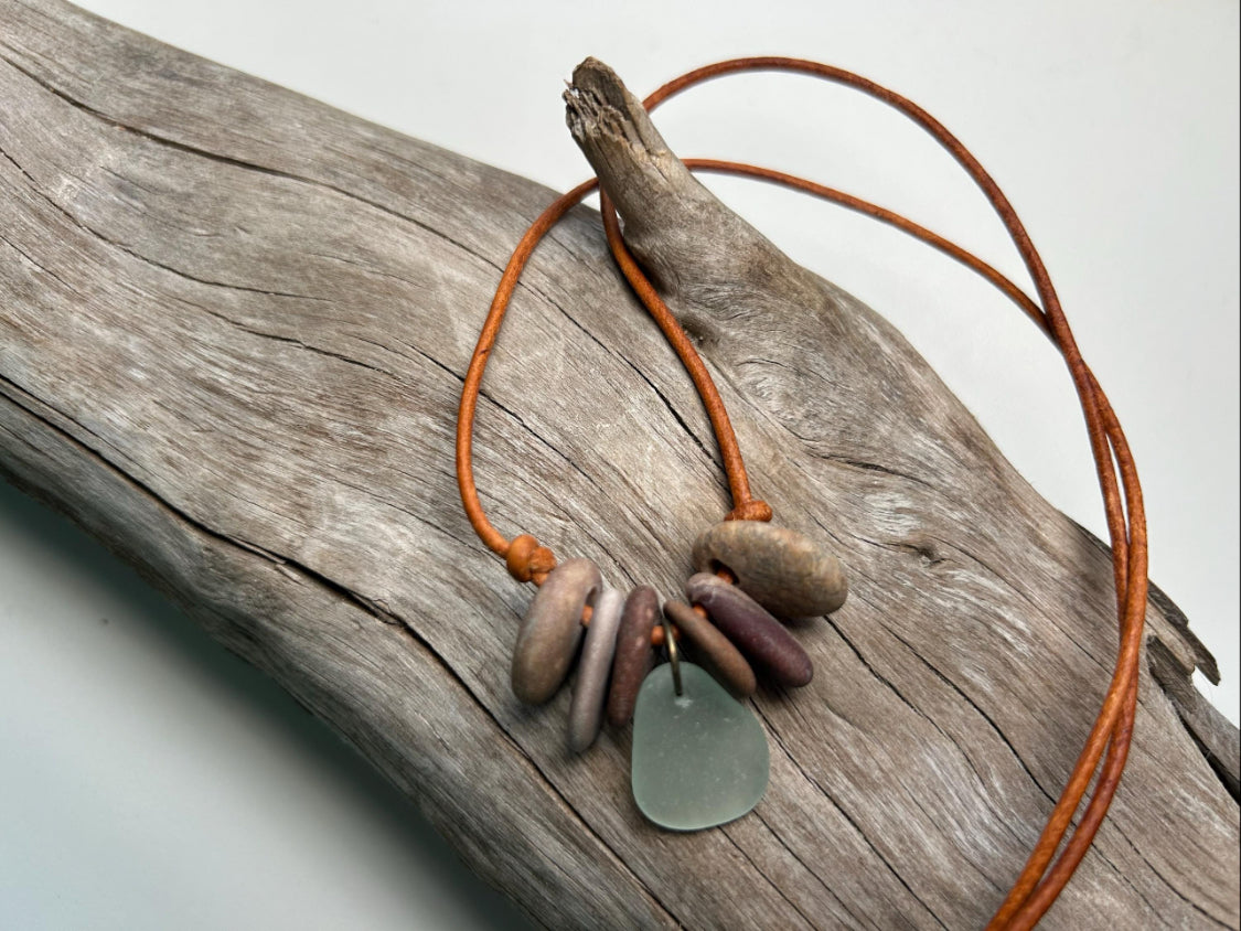 Lake Superior Genuine Leather Flat Cairn Stone Pebble Charm Zen Boho Adjustable Necklace