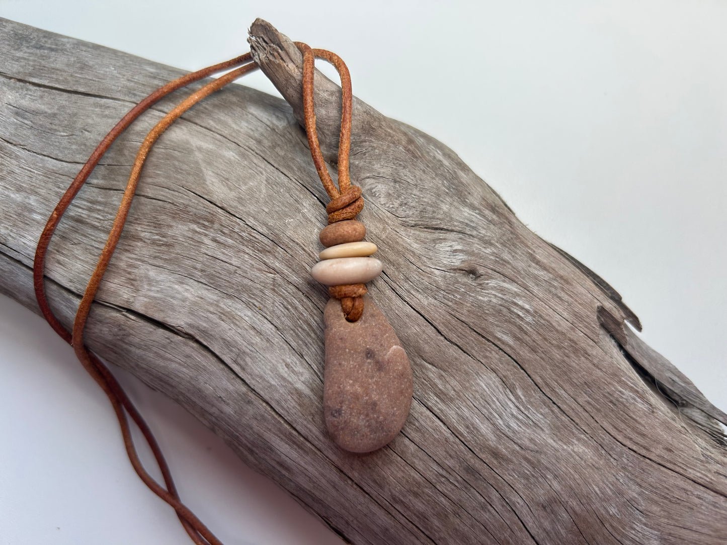 Lake Superior Genuine Leather Flat Cairn Stone Pebble Zen Boho Adjustable Necklace
