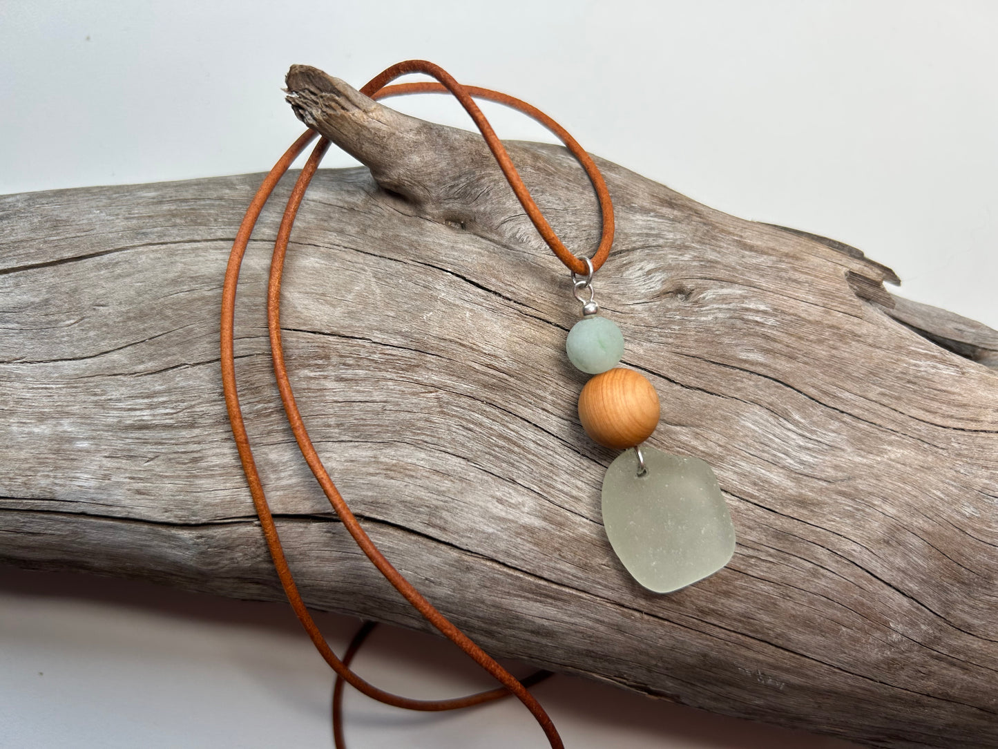 Genuine Sea Glass Lake Superior 24” Amazonite Pendant Genuine Leather Boho Zen Necklace