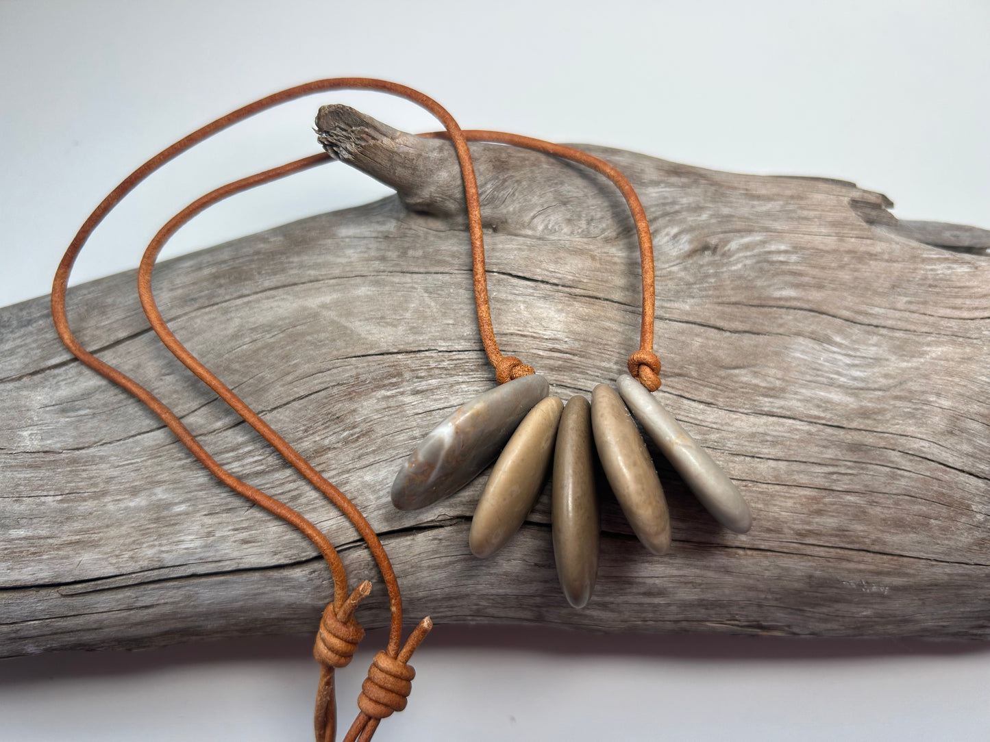 Lake Superior Genuine Leather Flat Cairn Stone Pebble Zen Boho Adjustable Necklace